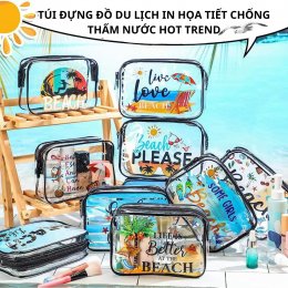Túi nhựa PVC trong suốt cao cấp đựng mỹ phẩm, đồ dùng du lịch in họa tiết chống nước hot trend