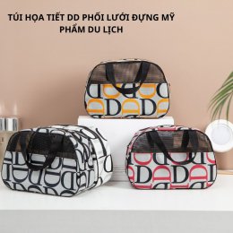 Túi quai xách họa tiết DD phối lưới đựng mỹ phẩm, đồ dùng cá nhân du lịch