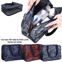 Túi quai xách họa tiết rằn ri phối lưới đựng mỹ phẩm, đồ dùng cá nhân du lịch tiện lợi