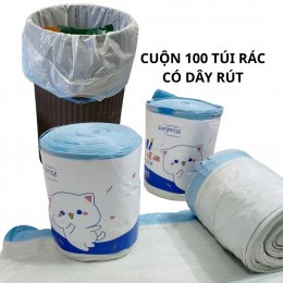 Cuộn 100 túi rác xanh dương có dây rút tiện lợi